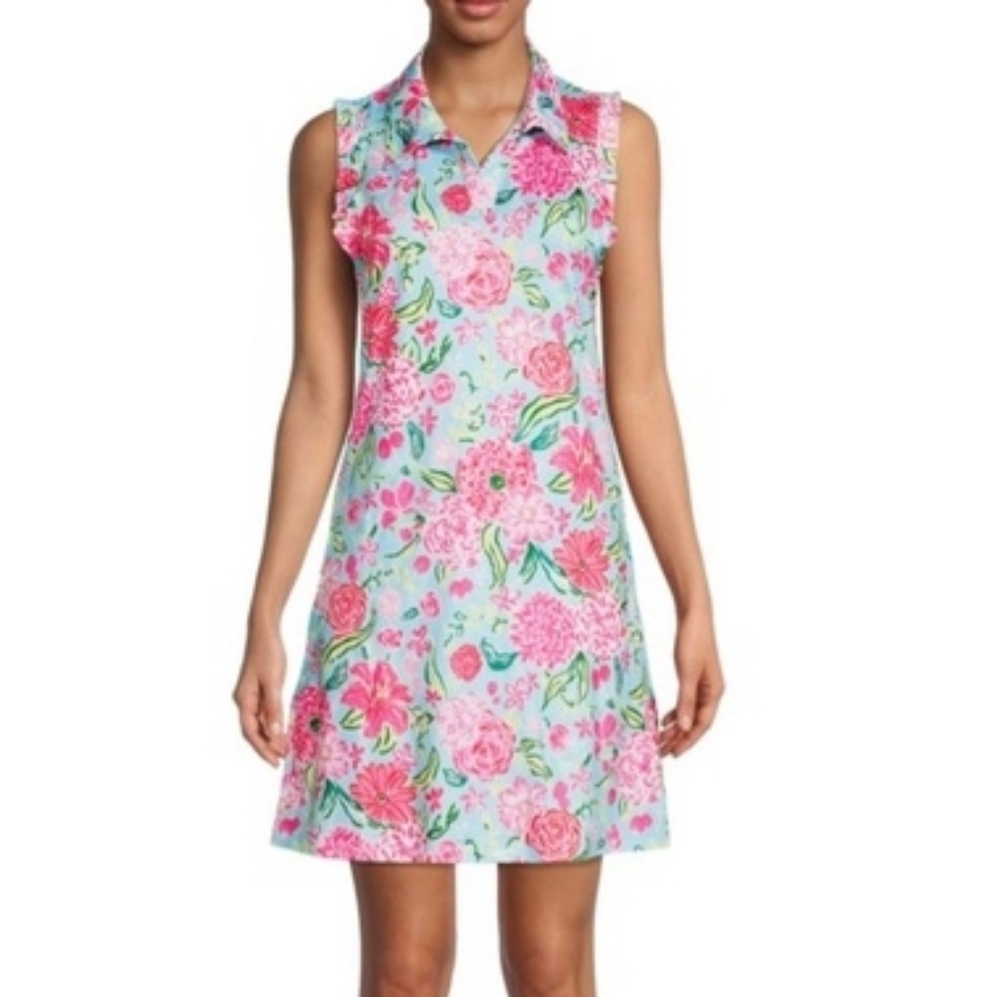 X by Gottex Pink Blue Floral Ruffle Sleeve Golf Athletic Dress Large